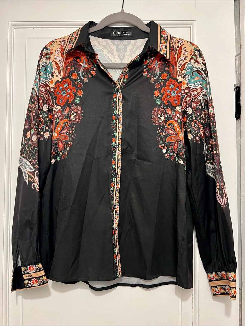 Black Button-Up Shirt with Red Orange and Teal Paisley Print